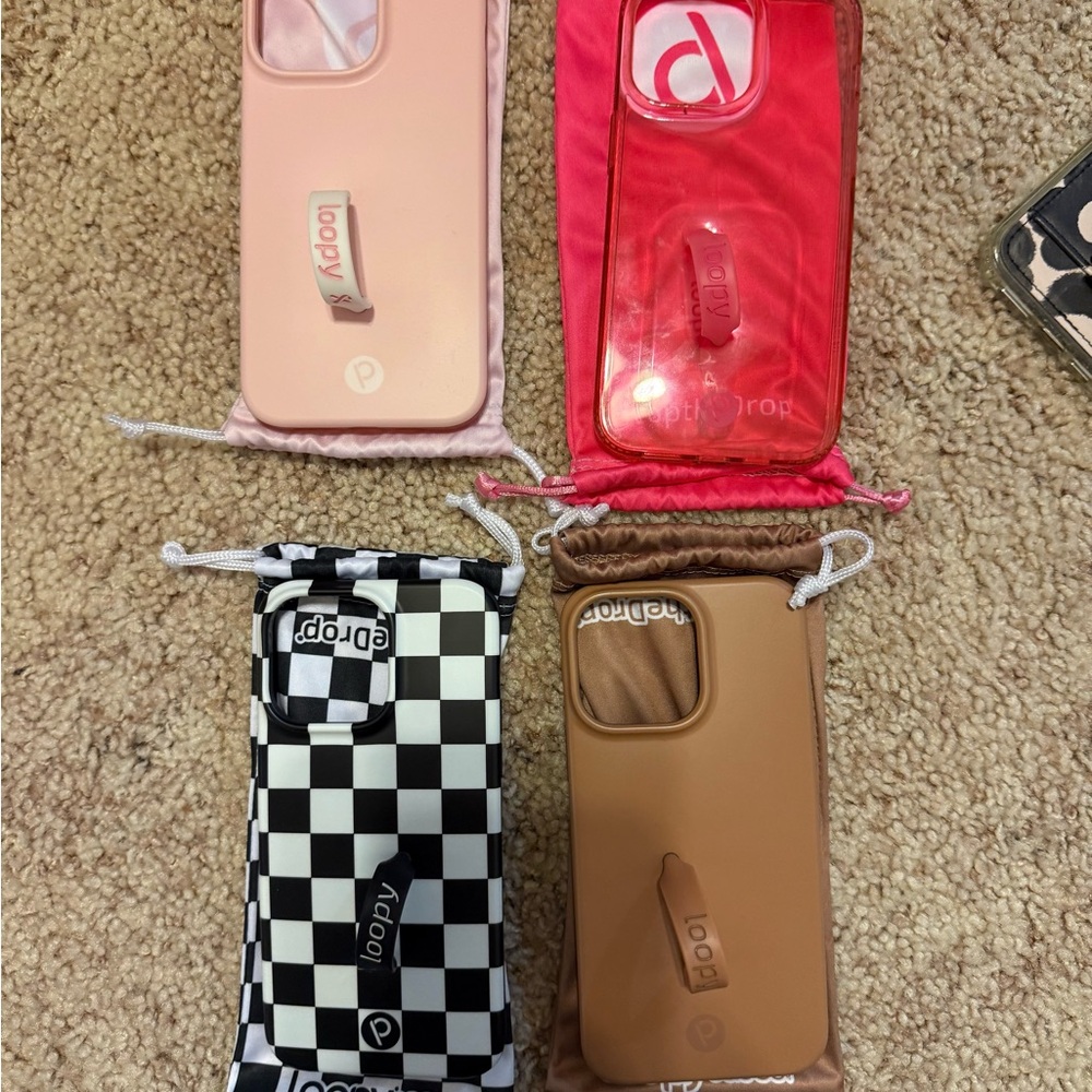 iPhone 14 Pro Max Loopy Cases - Light Pink, Neon Pink, Black Checkered, Brown